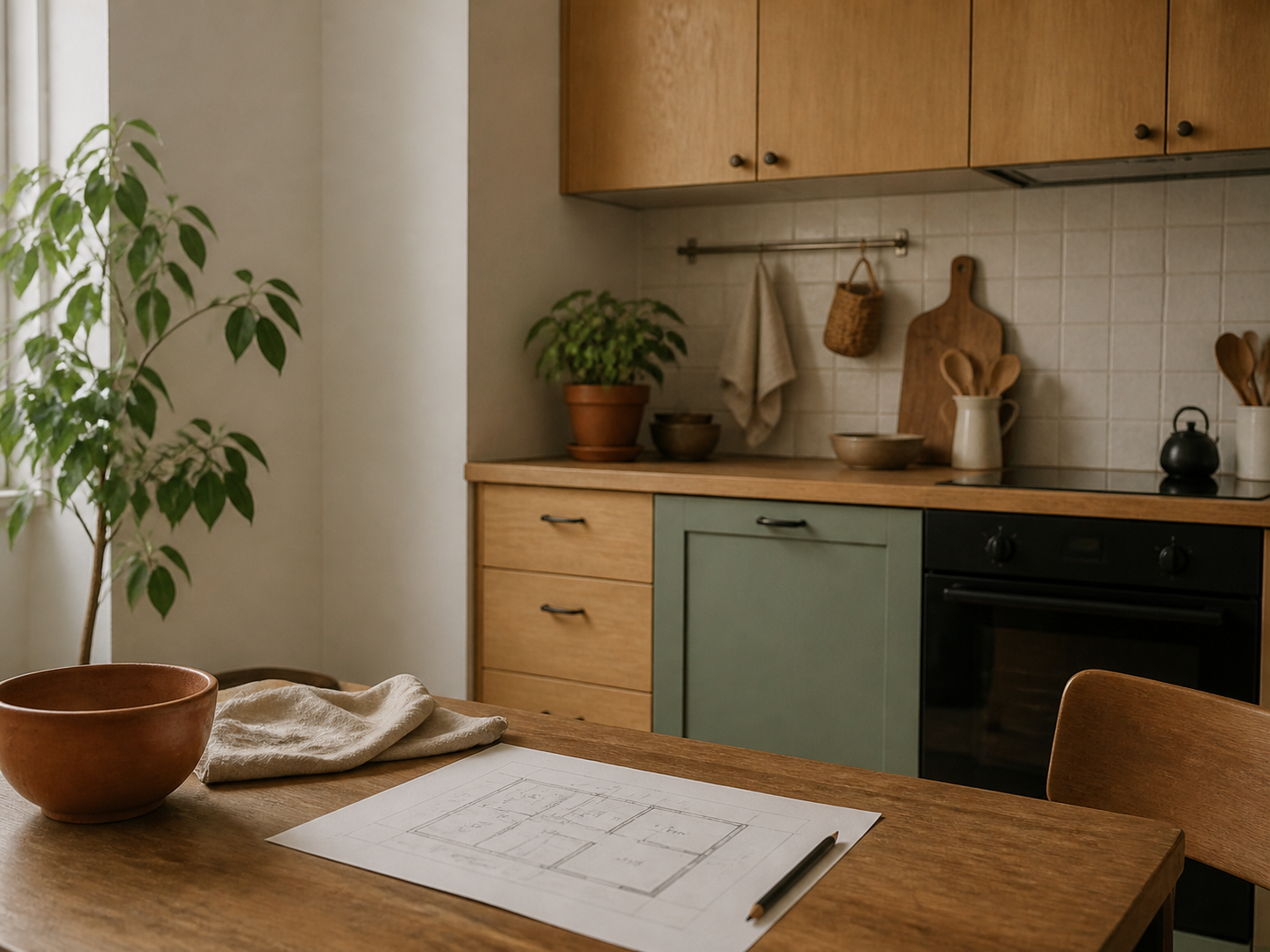 Kompakte Küche mit wiederverwendeten Holzschränken und Planungszeichnung